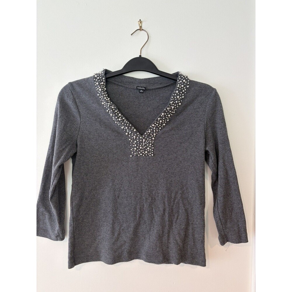 Rafaella 3/4 sleeve grey-heather w/silver studded v-neck detail Sz M cotton